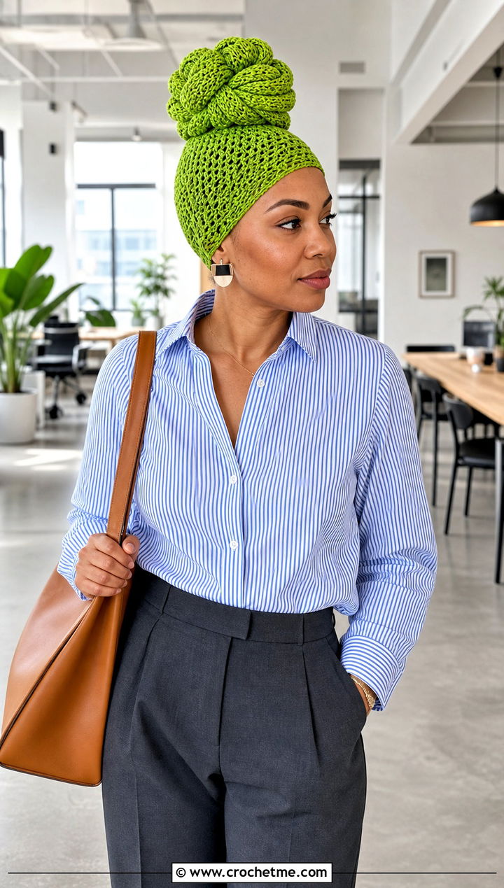 Crochet High Bun Wig Hat With Button Down Shirt And Wide Leg Pants - 20 Crochet Wig Hat outfit ideas