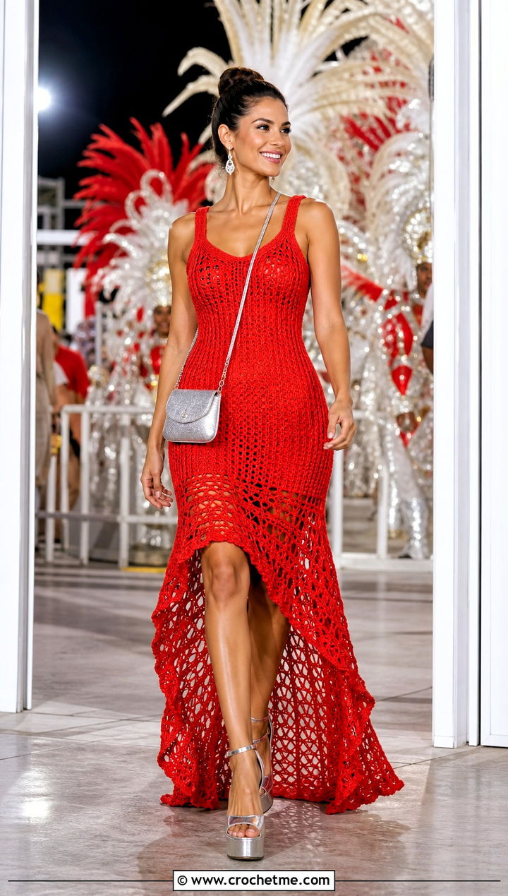 Crochet High Low Dress Carnival Outfit With Platform Sandals - 30 crochet carnival outfit ideas