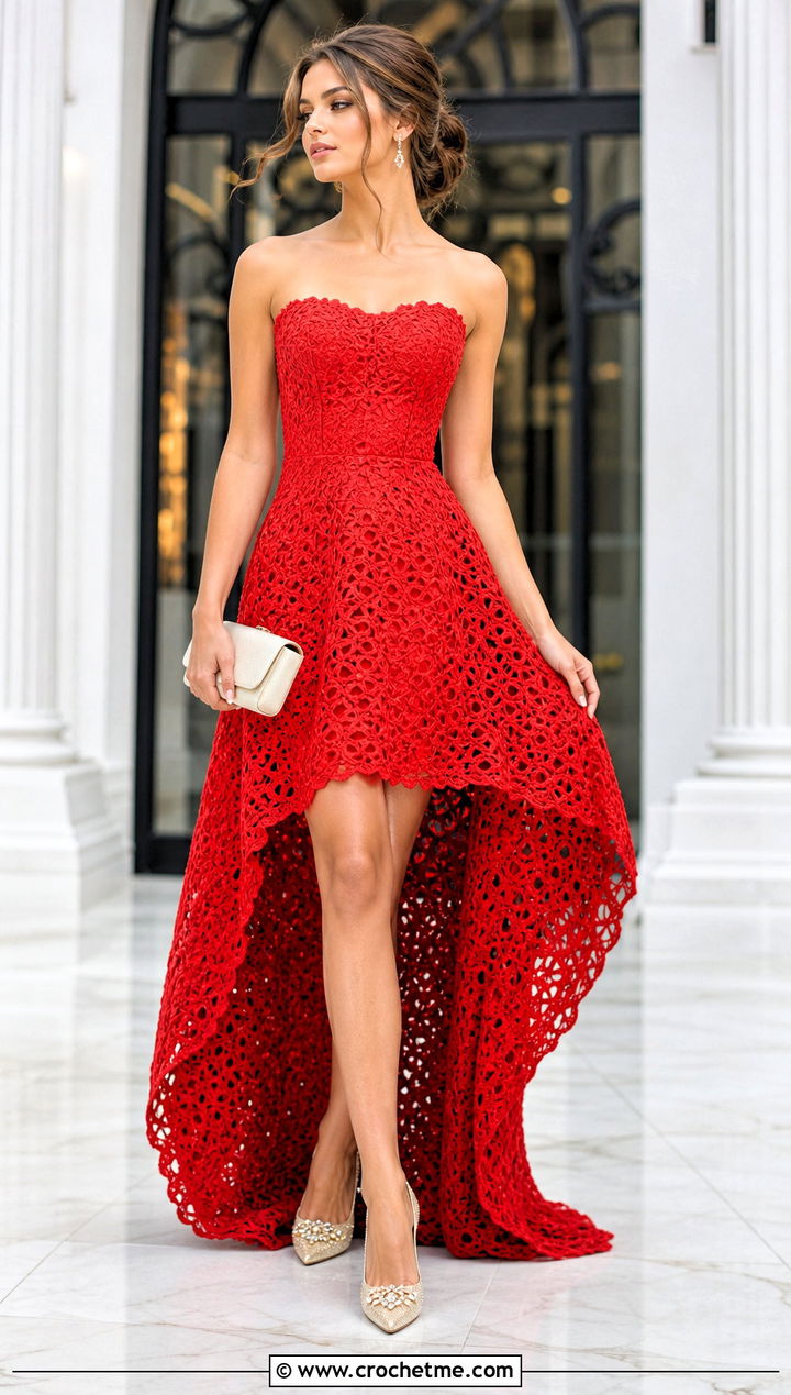 Crochet High Low Prom Dress With Embellished Pumps - 25 Crochet Prom Dress outfit ideas