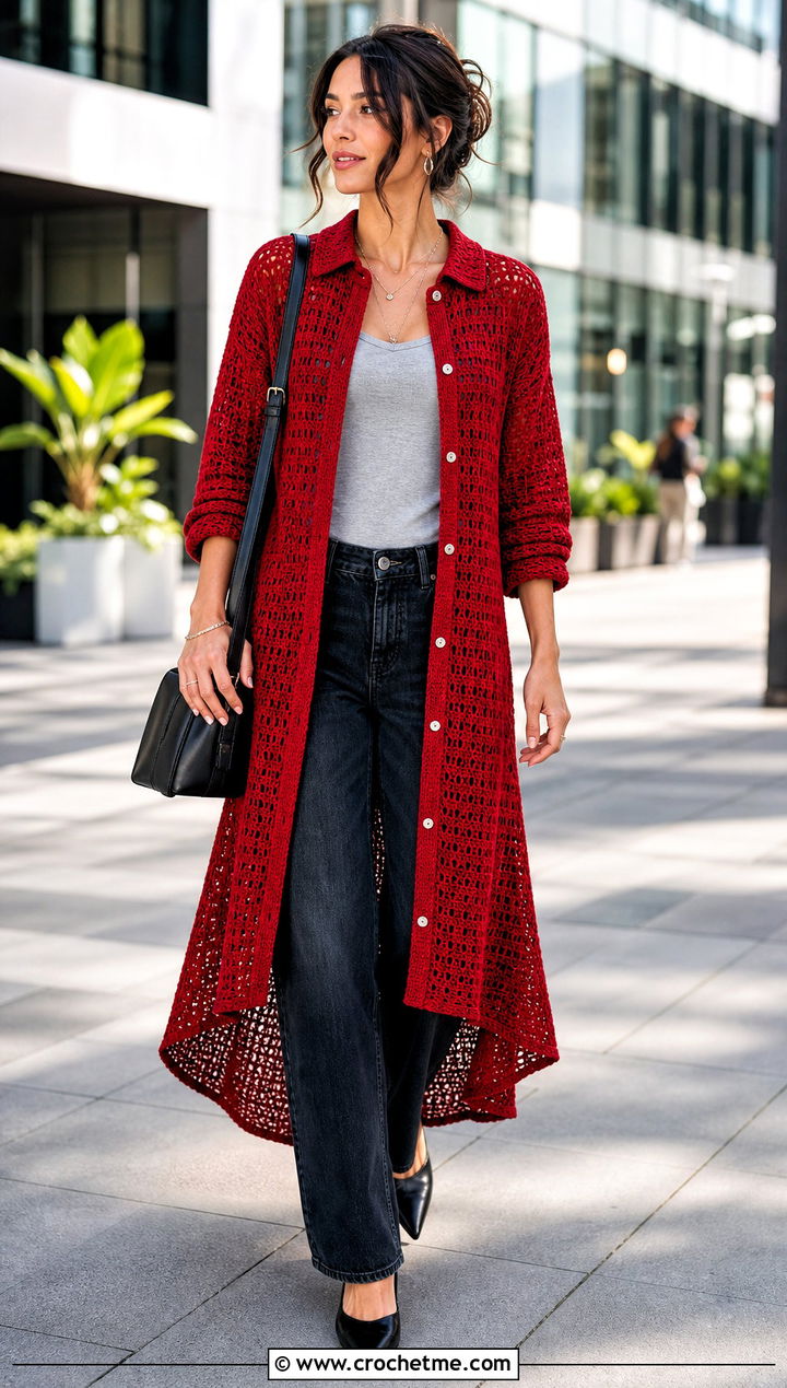 Crochet High Low Shirt Dress With Straight Jeans - 35 crochet shirt dress outfit ideas