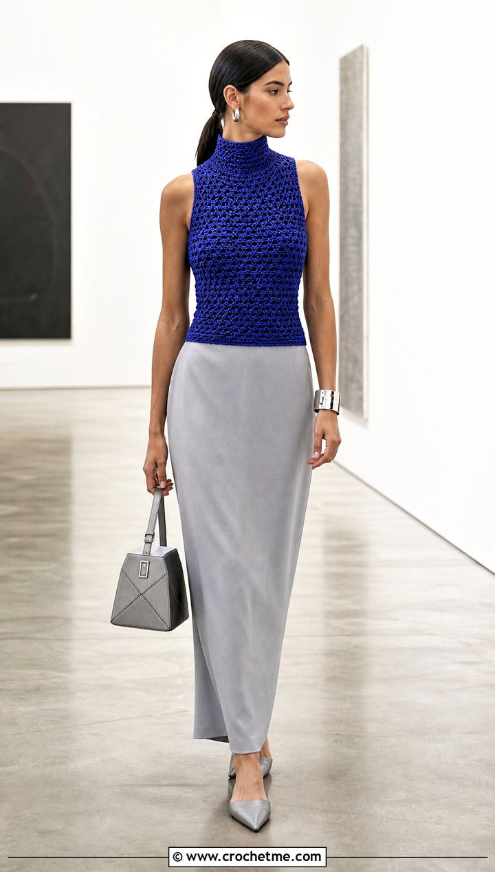 Crochet High Neck Column Dress With Pointed Mules - 25 Crochet Top Dress outfit ideas
