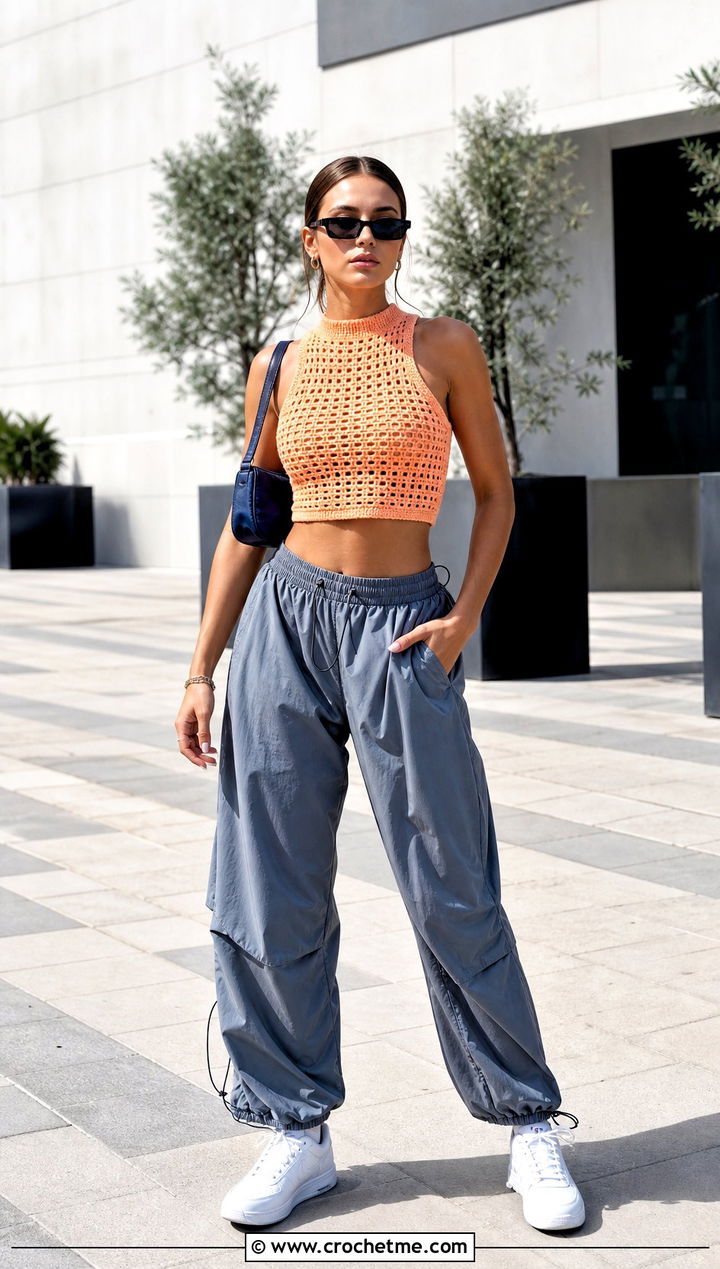 Crochet High Neck Crop Top With Parachute Pants - 30 crochet knitted top outfit ideas