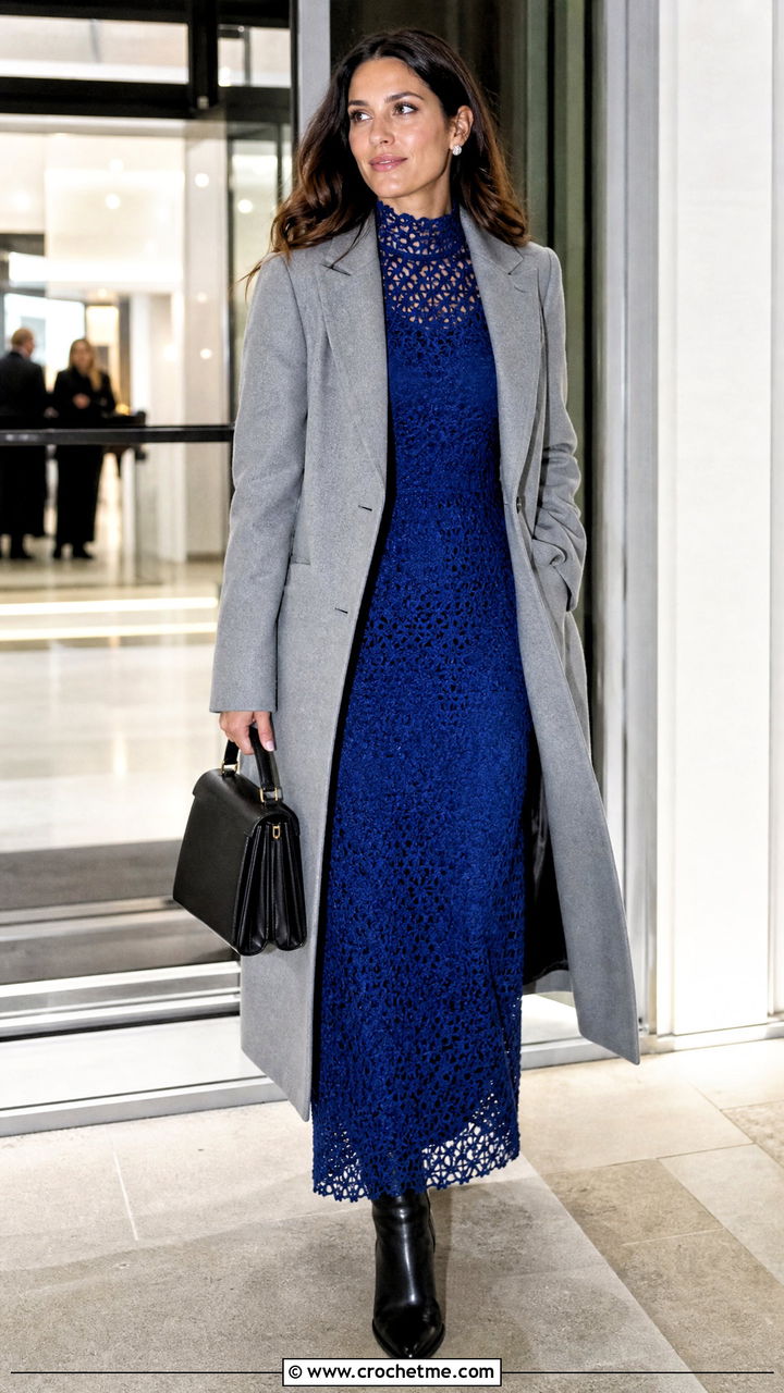 Crochet High Neck Gown With Tailored Coat - 35 crochet gown for ladies outfit ideas