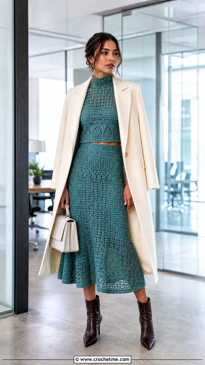 Crochet High Neck Top And Midi Skirt Set With Tall Blazer - 35 crochet skirt set outfit ideas
