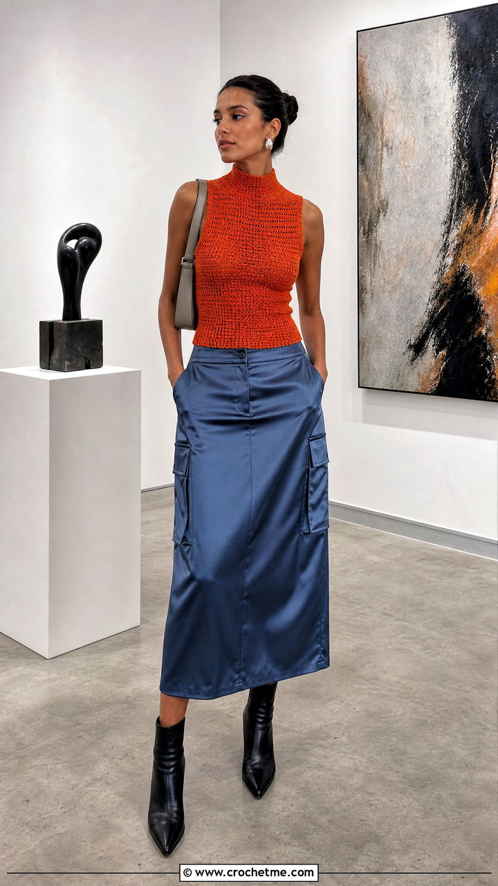Crochet High Neck Top With Satin Cargo Skirt - 35 crochet fitted top outfit ideas