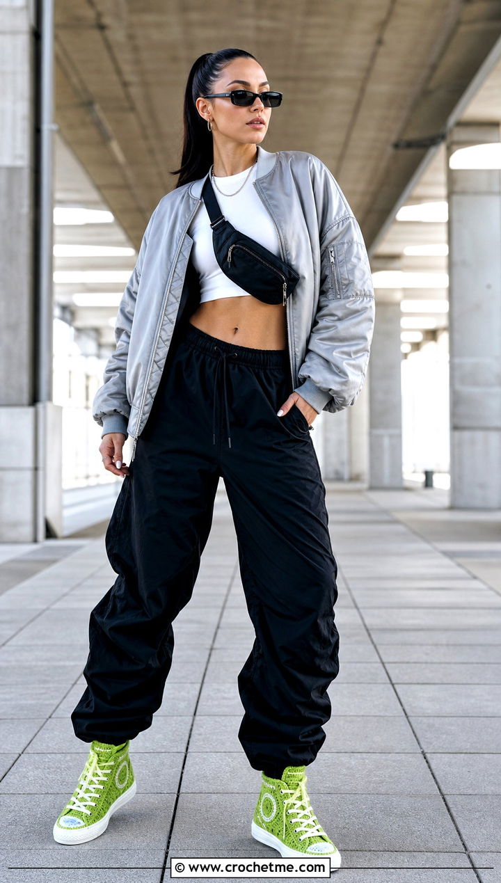 Crochet High Top Sneakers With Parachute Pants - 25 women crochet shoes outfit ideas