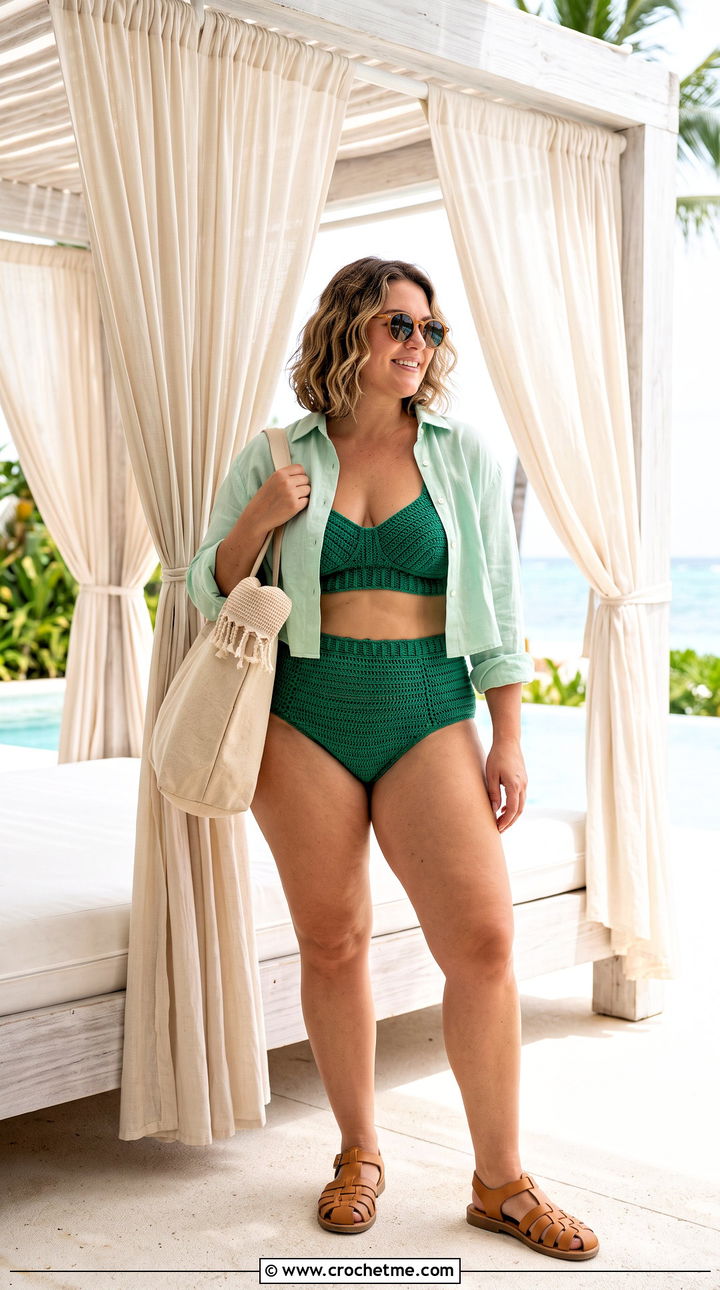 Crochet High Waist Bikini With Cropped Shirt - 35 crochet swimsuit outfit ideas