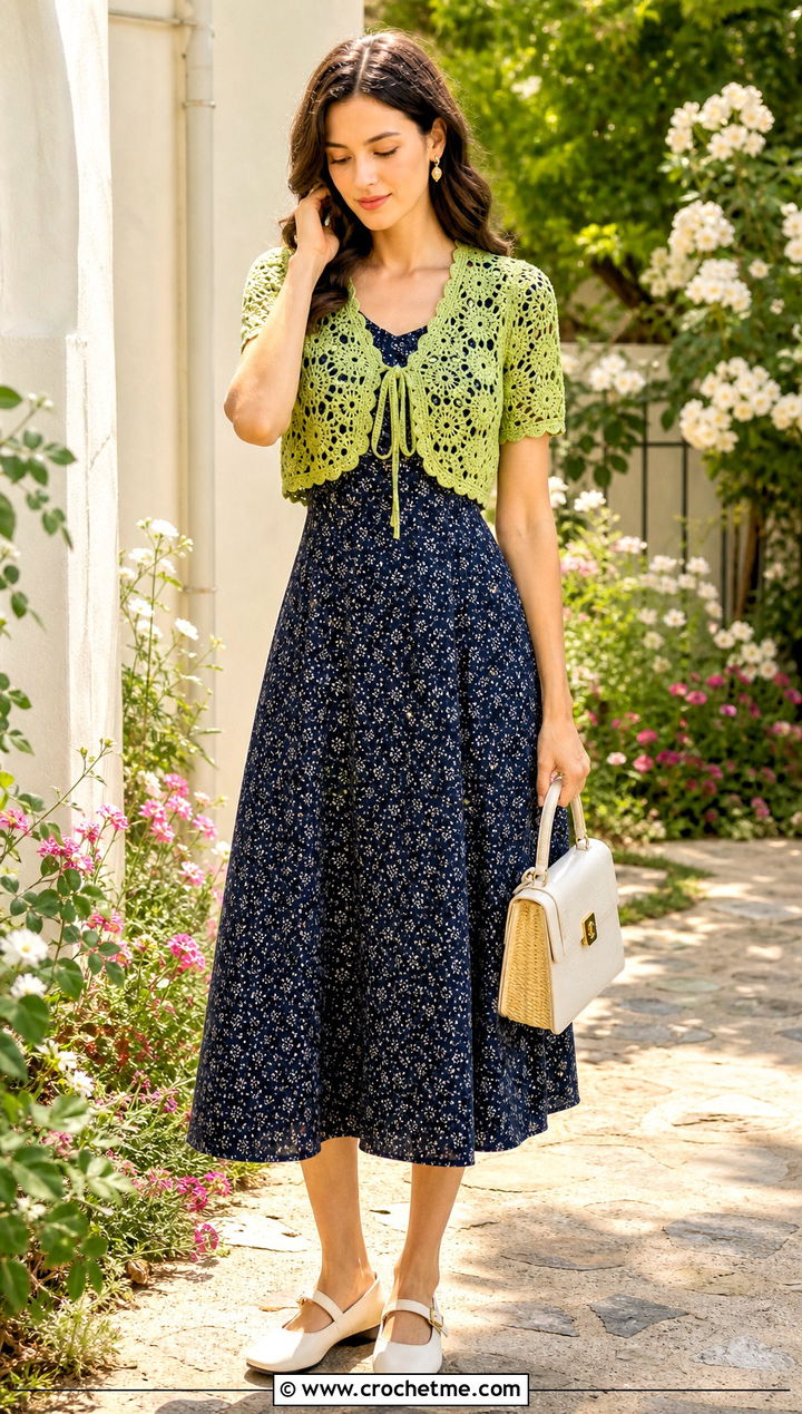Crochet Hippie Bolero Vest With Tea Dress - 25 crochet hippie vest outfit ideas