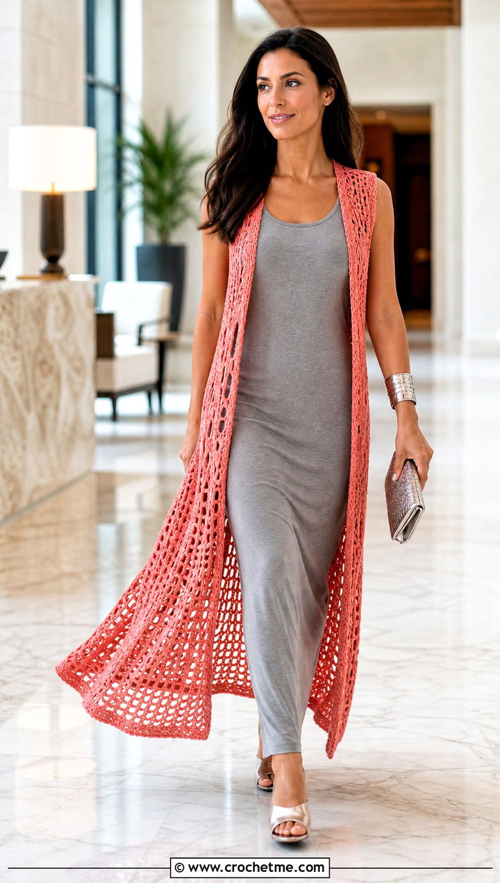 Crochet Hippie Duster Vest With Column Dress - 25 crochet hippie vest outfit ideas
