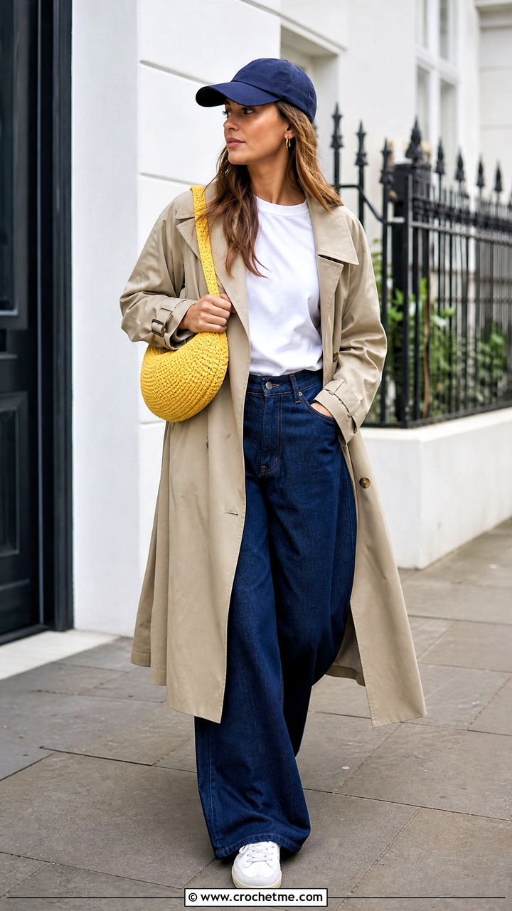 Crochet Hobo Bag With Trench Coat And Sneakers - 35 crochet bag outfit ideas