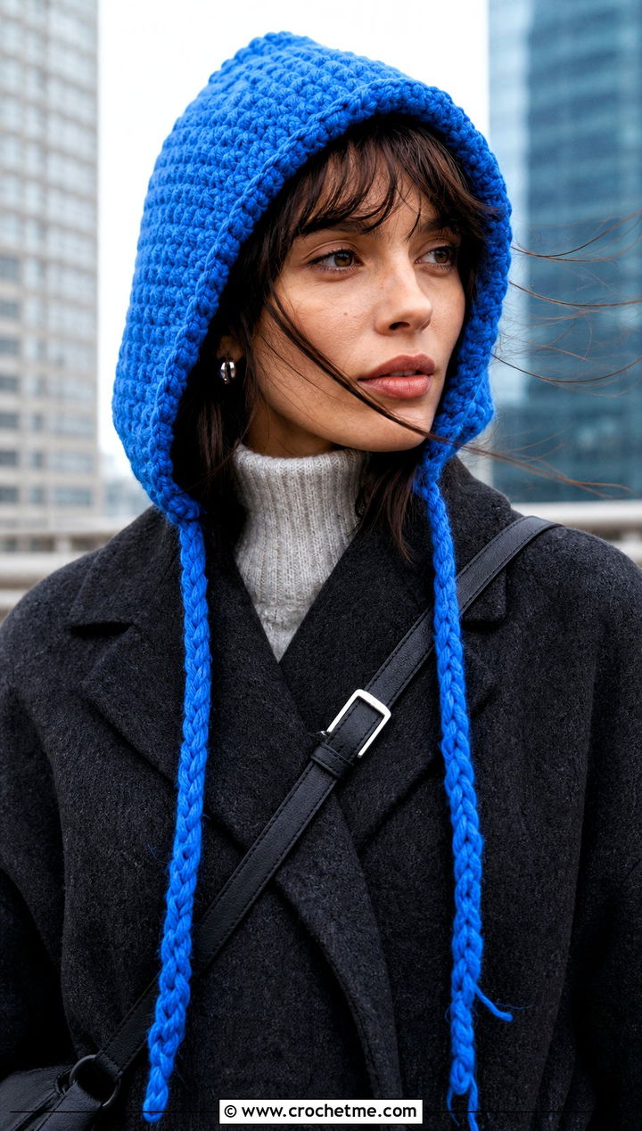 Crochet Hood Hat With Braided Drawstrings And Wool Coat - 30 crochet hat with braids outfit ideas