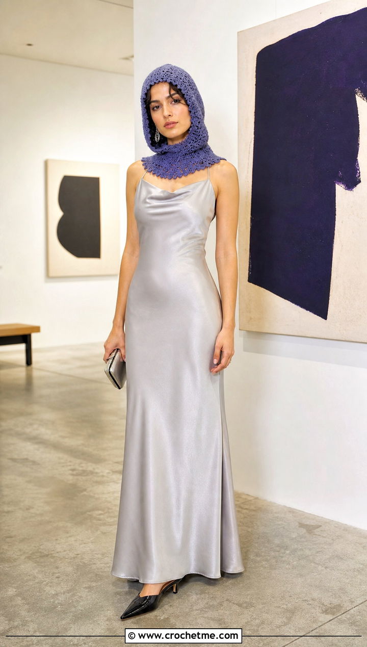 Crochet Hood Hat With Long Satin Dress - 35 fun crochet hats outfit ideas