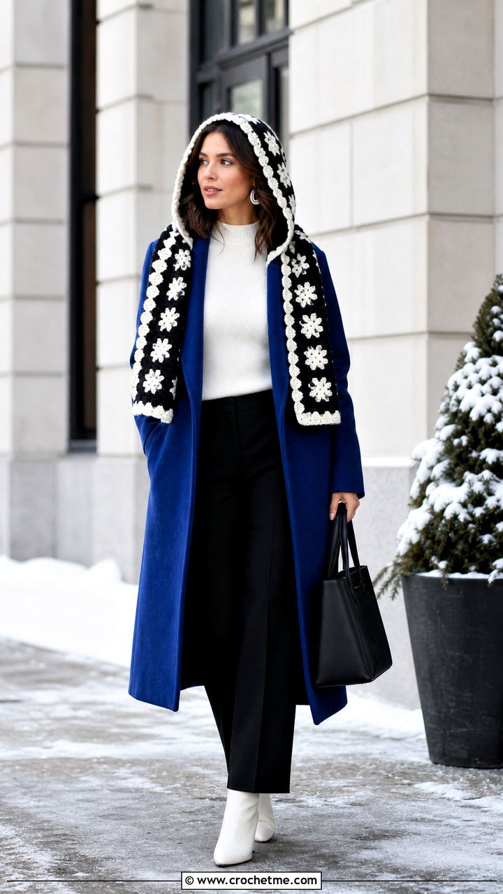 Crochet Hood Hat With Long Wool Coat - 35 black and white crochet hat outfit ideas