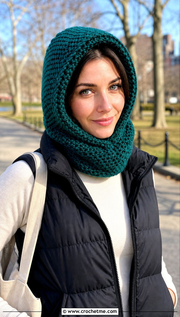 Crochet Hood Hat With Puffer Vest - 30 winter crochet hats outfit ideas
