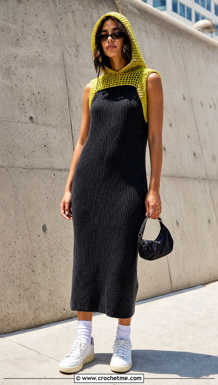 Crochet Hood Jersey Tank Dress With Retro Sneakers - 25 crochet and fabric dress outfit ideas