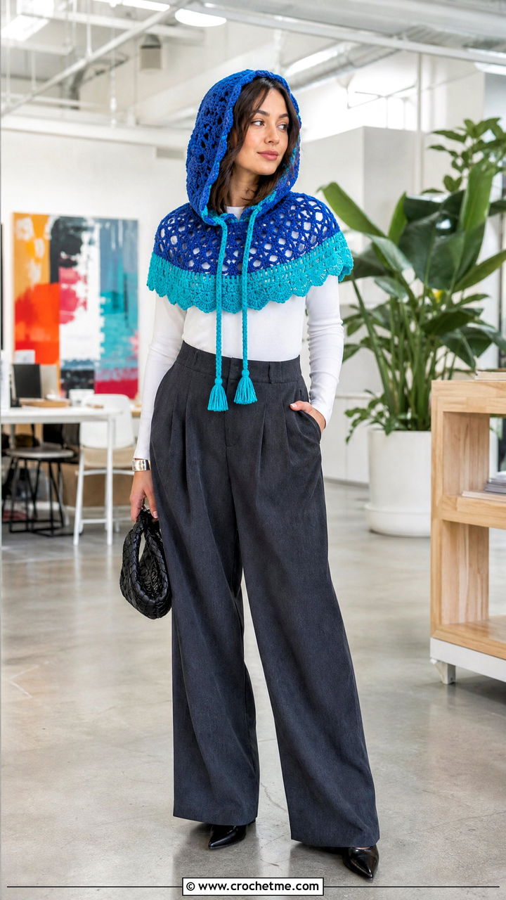 Crochet Hood Scarf Capelet With Wide Leg Trousers - 35 crochet hood scarf outfit ideas