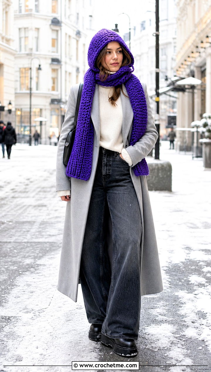 Crochet Hood Scarf With Long Coat And Wide Leg Jeans - 35 Modest Crochet Outfit Ideas