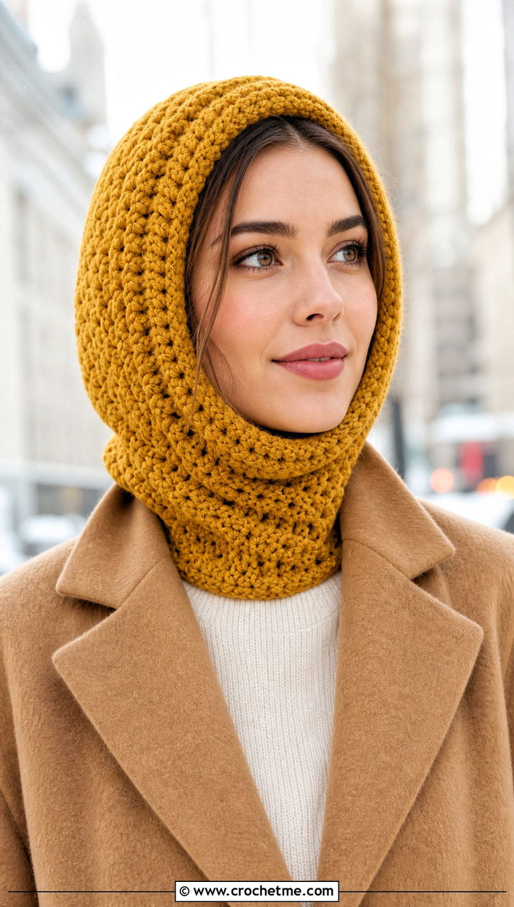 Crochet Hood With Tailored Wool Coat - 25 winter crochet outfit ideas