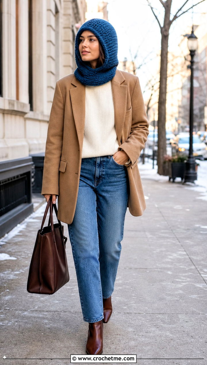 Crochet Hood With a Blazer and Jeans - 35 Crochet Winter Outfits ideas