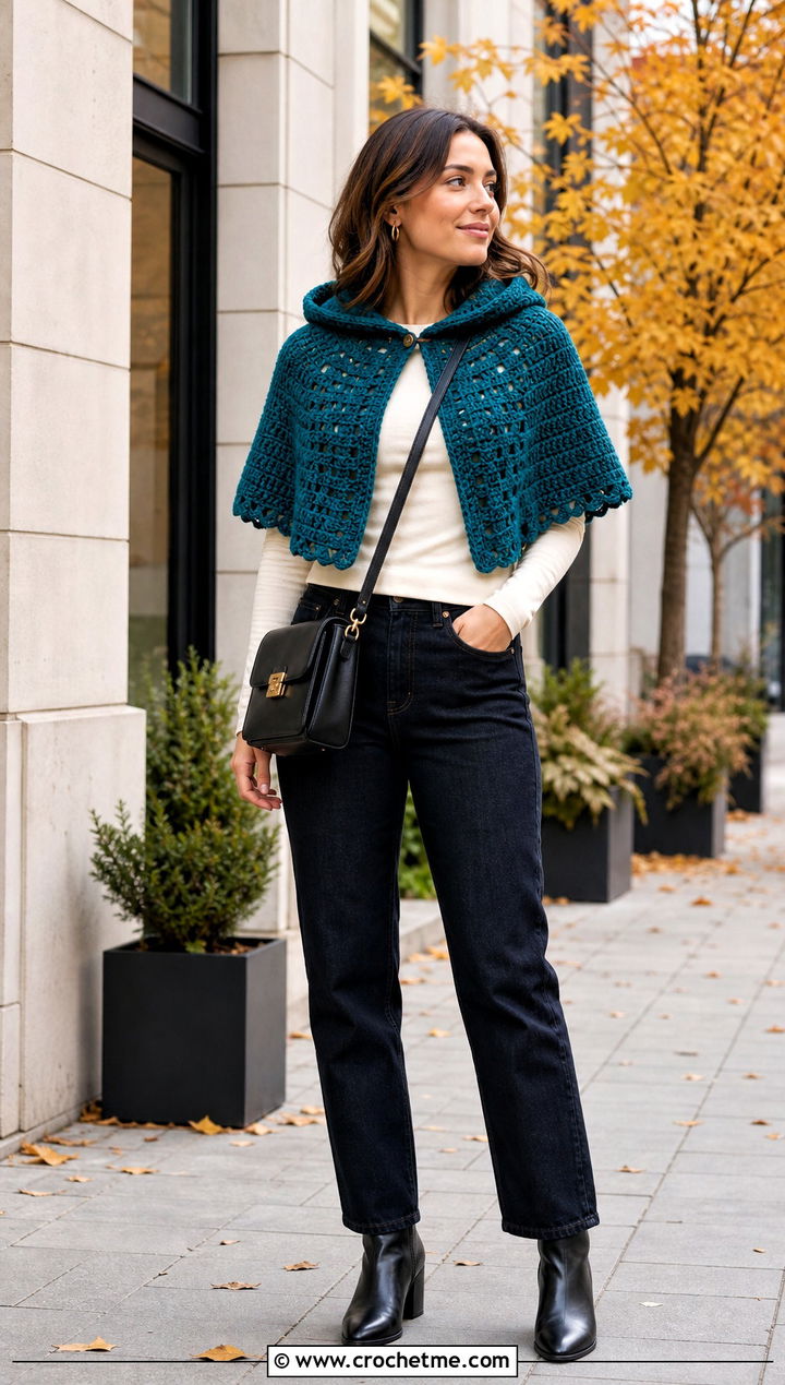 Crochet Hooded Capelet With Straight Leg Jeans - 25 Fantasy Crochet Clothing and outfit ideas