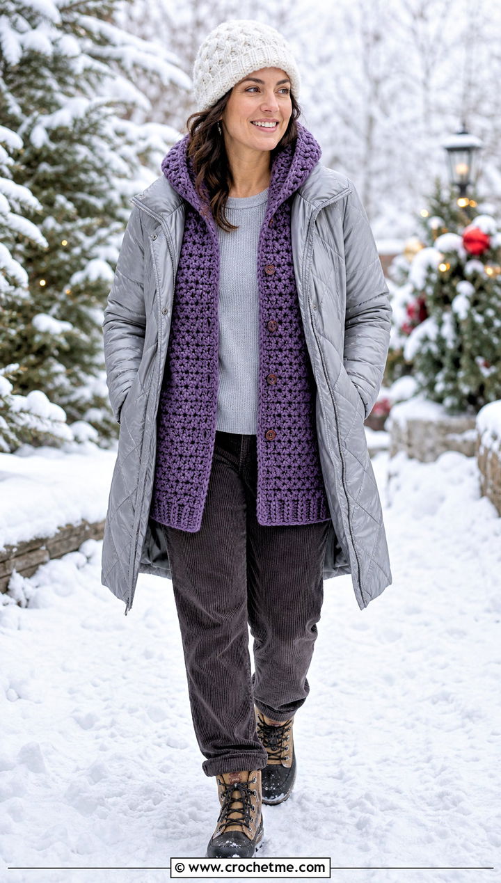 Crochet Hooded Cardigan Snowy Holiday Outfit - 30 crochet holiday outfit ideas