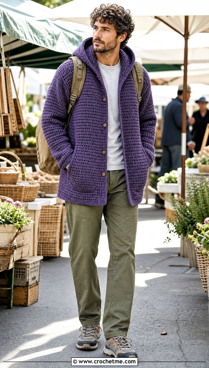 Crochet Hooded Cardigan With Ripstop Pants - 35 crochet mens clothes and outfit ideas