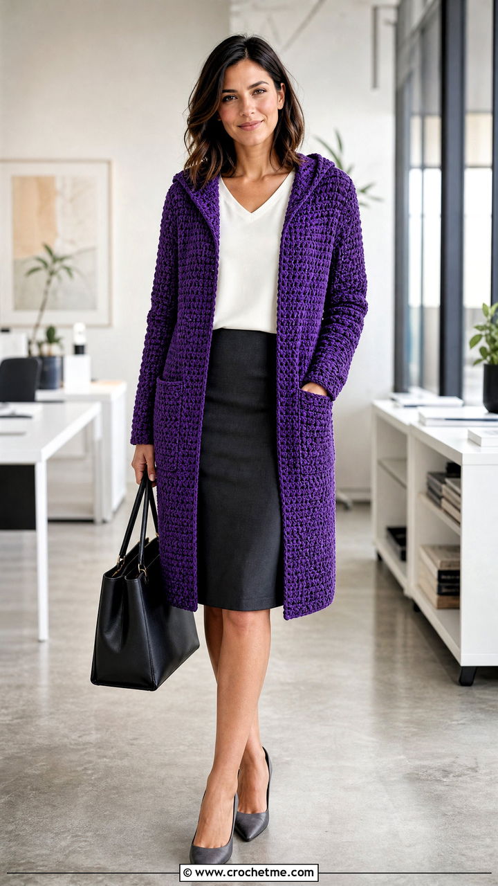 Crochet Hooded Coatigan With Pencil Skirt - 35 crochet hooded cardigan outfit ideas