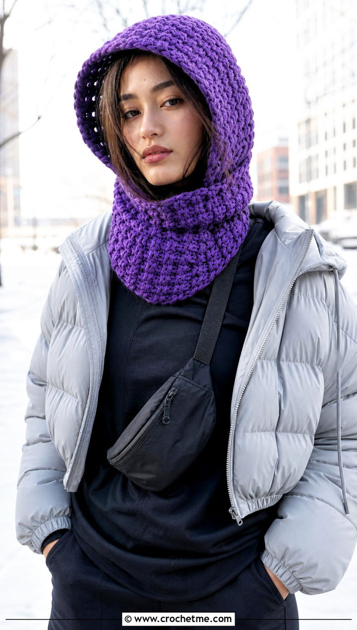 Crochet Hooded Cowl With Puffer Jacket - 25 crochet hood hat outfit ideas
