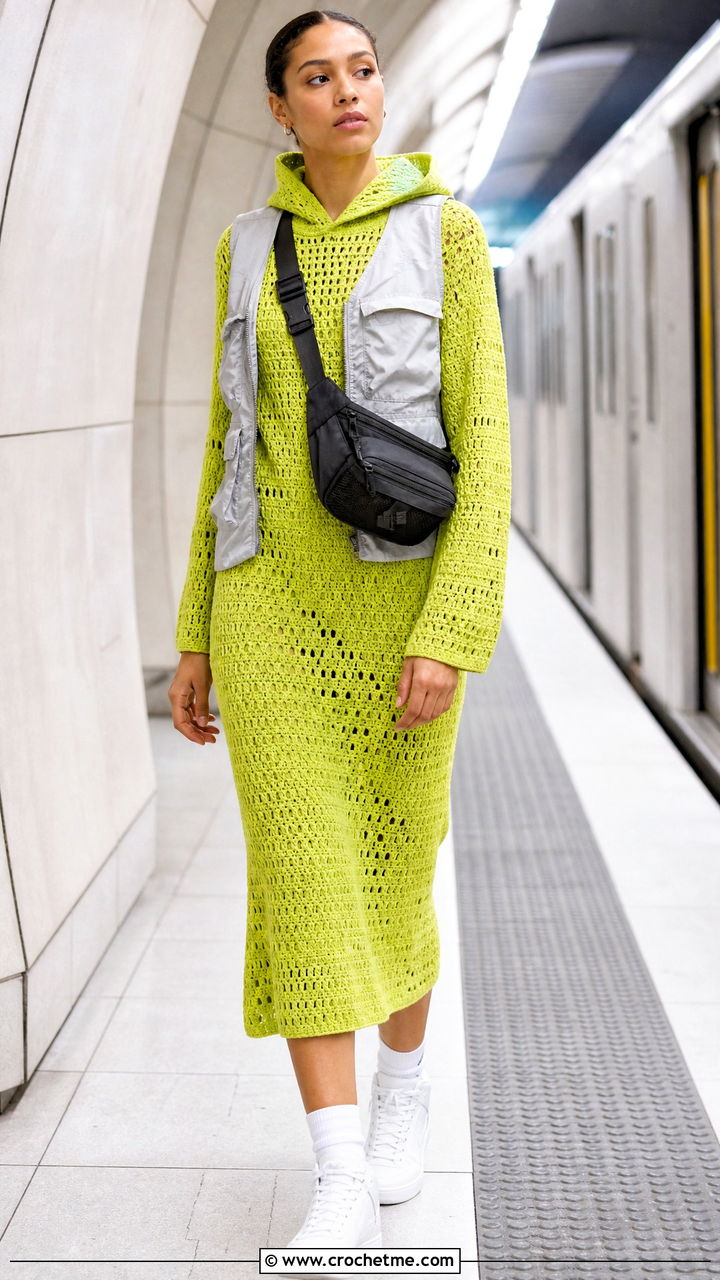 Crochet Hooded Dress With High Top Sneakers - 35 crochet dress ideas