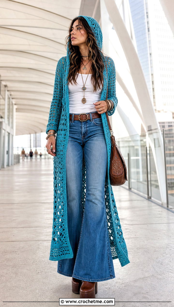 Crochet Hooded Duster With Tank And Jeans - 25 Fantasy Crochet Clothing and outfit ideas