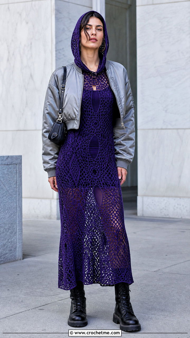 Crochet Hooded Gown With Combat Boots - 35 crochet gown for ladies outfit ideas