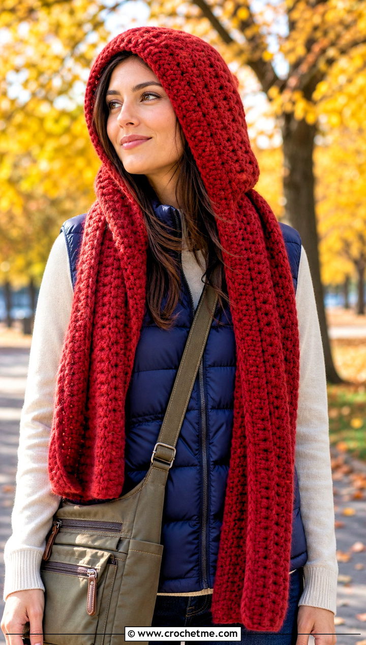 Crochet Hooded Scarf Hat With Puffer Vest And Jeans - 25 crochet scarf hat combo outfit ideas