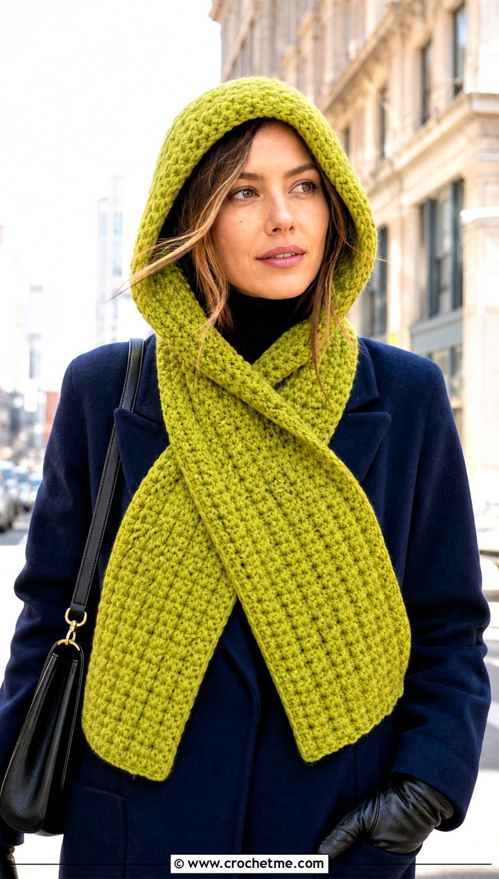Crochet Hooded Scarf Hat With Wool Coat And Boots - 15 Crochet Scarf Hat outfit ideas
