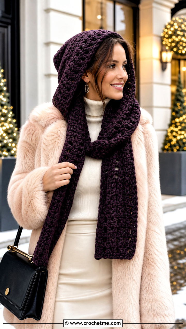 Crochet Hooded Scarf With Faux Fur Coat - 25 crochet hat scarf outfit ideas