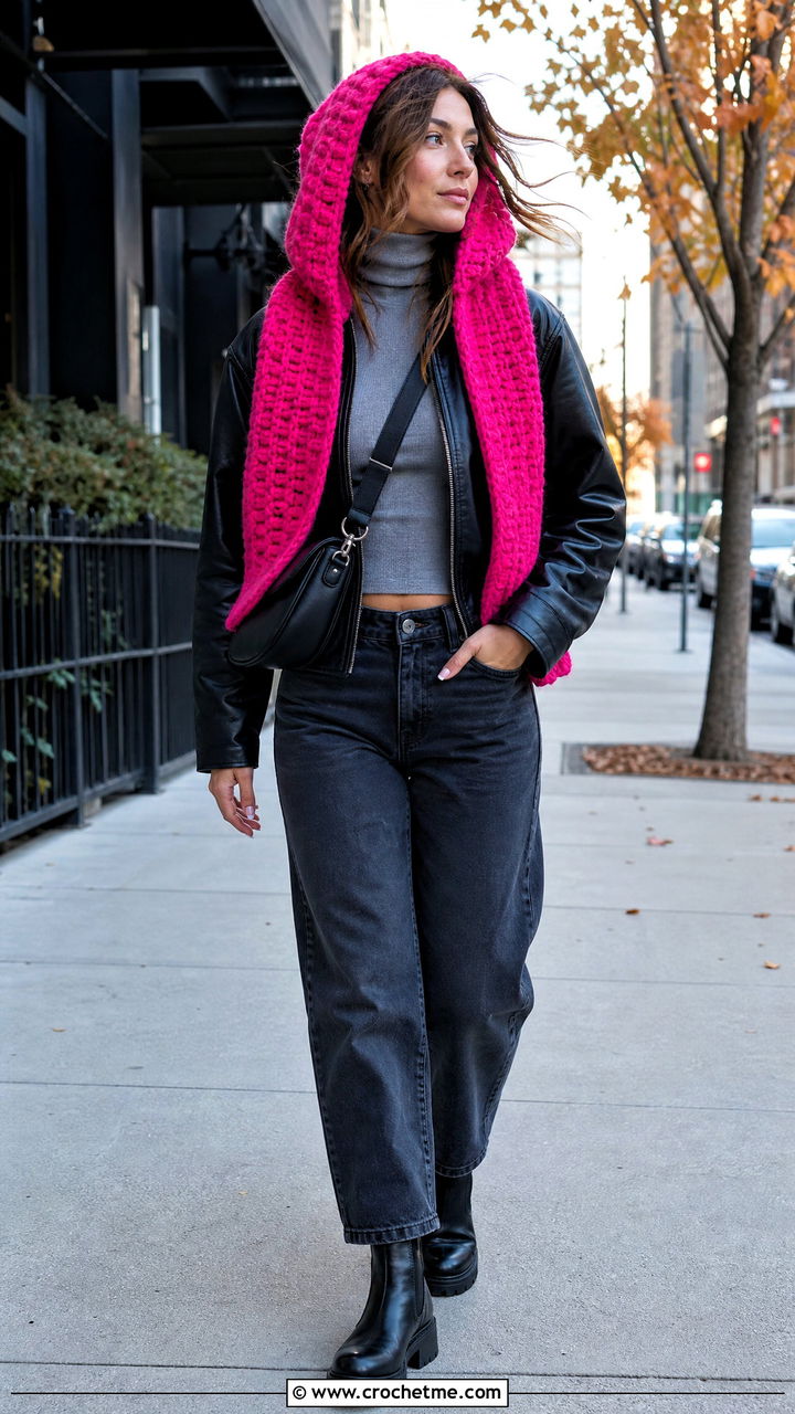 Crochet Hooded Scarf With Leather Jacket And Jeans - 35 autumn crochet clothes and outfit ideas