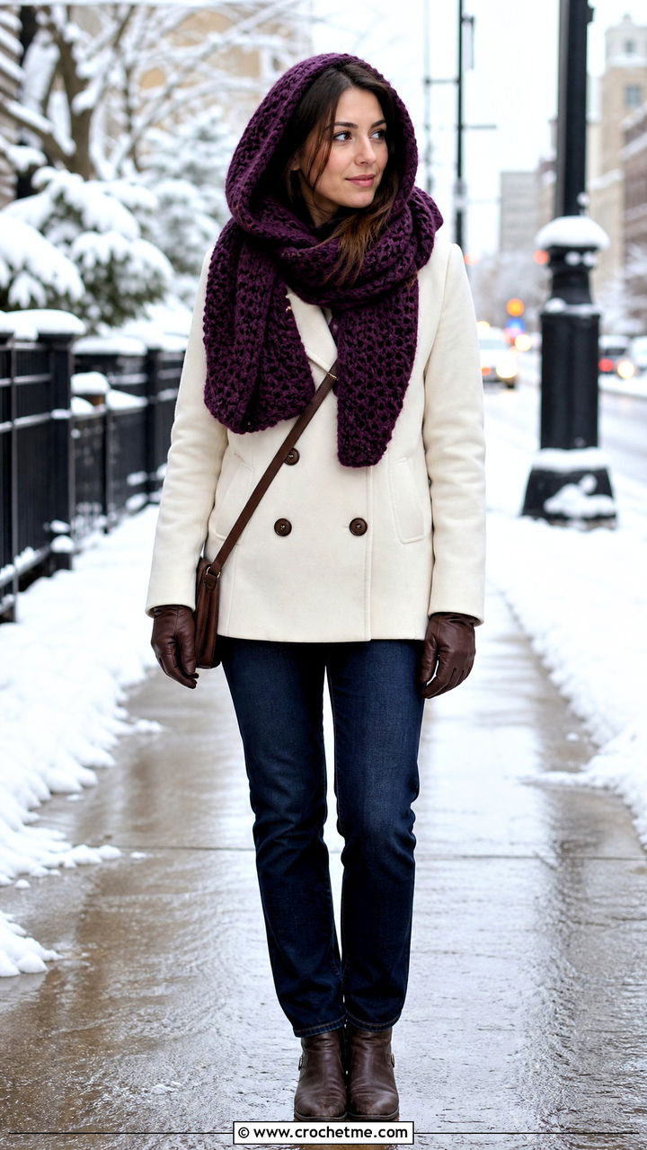 Crochet Hooded Scarf With Peacoat - 35 crochet winter clothes and outfit ideas