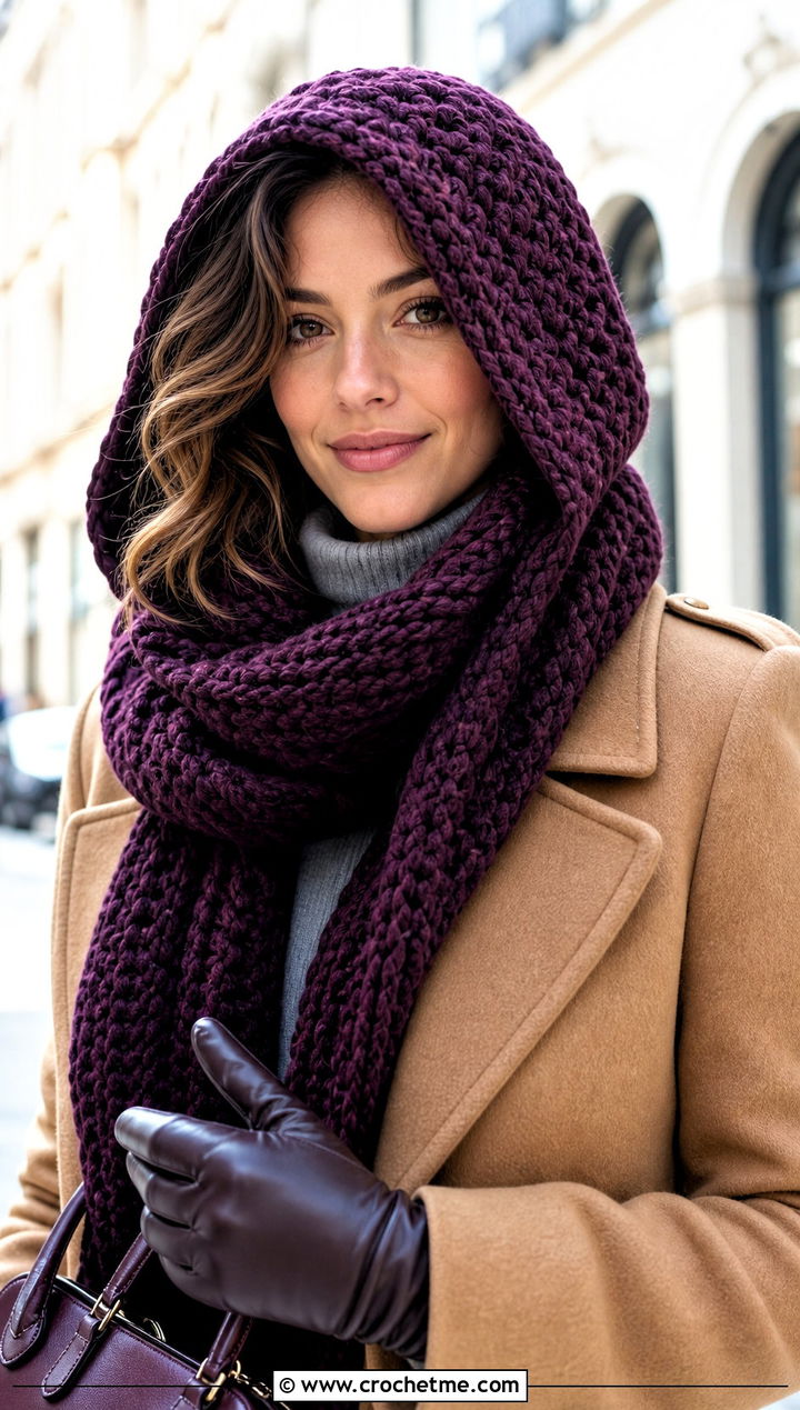 Crochet Hooded Scarf With Tailored Coat - 15 unusual crochet scarf outfit ideas