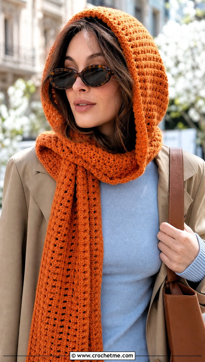 Crochet Hooded Scarf With Trench Coat - 25 crochet hood hat outfit ideas