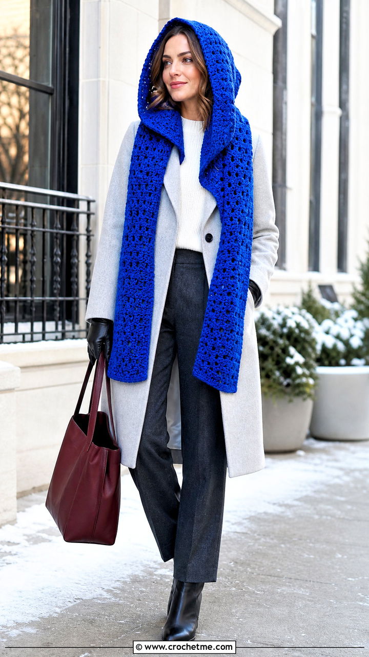 Crochet Hooded Scarf With Wool Coat - 35 crochet projects clothes and outfit ideas