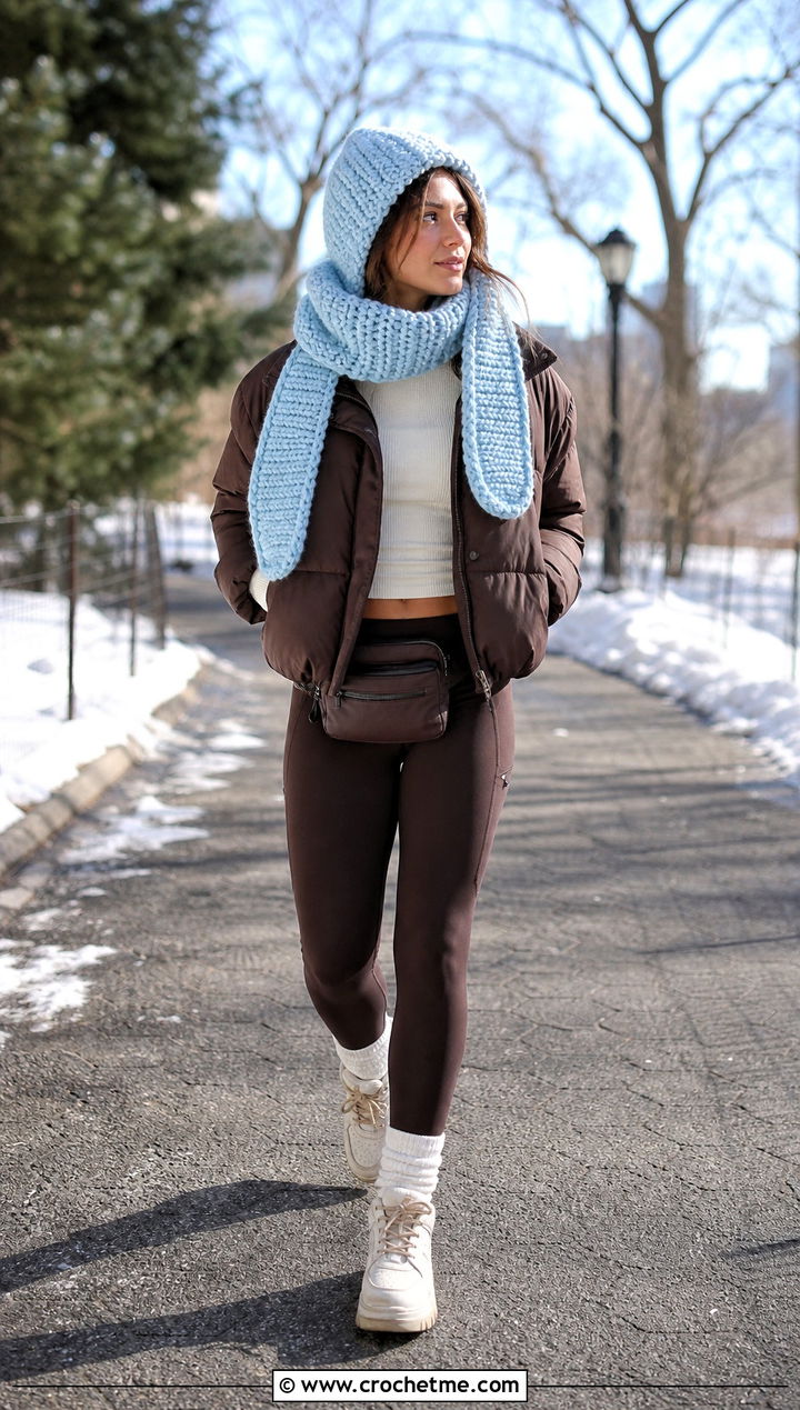 Crochet Hooded Scarf With a Puffer Jacket - 35 Crochet Winter Outfits ideas