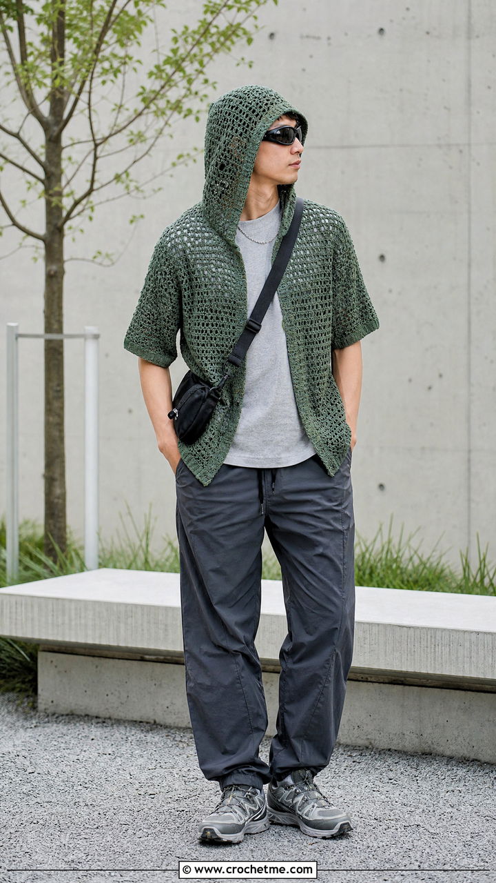 Crochet Hooded Shirt With Nylon Pants - 35 crochet mens shirt outfit ideas