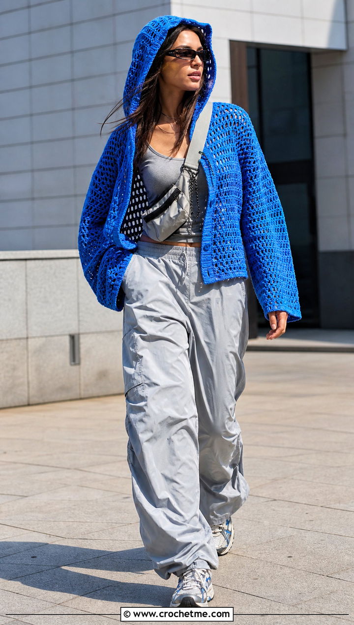 Crochet Hooded Shirt With Parachute Pants - 35 crochet shirt women outfit ideas