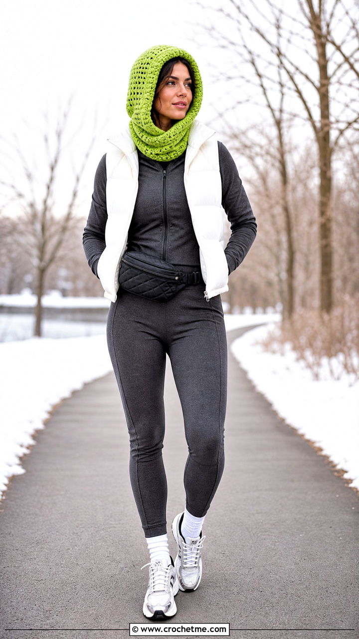 Crochet Hooded Snood Hat With Matching Tracksuit And Puffer Vest - 35 crochet winter hat outfit ideas