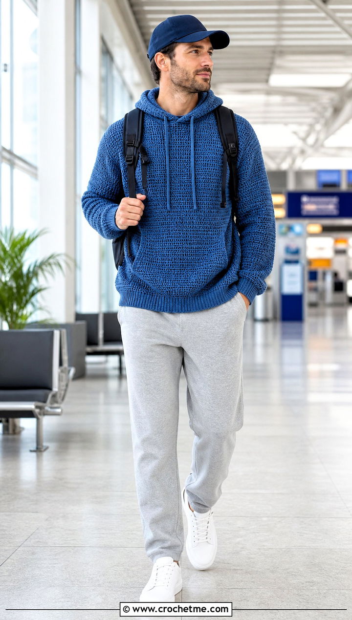Crochet Hooded Sweater With Relaxed Joggers - 30 Easy Crochet Mens Sweater outfit ideas