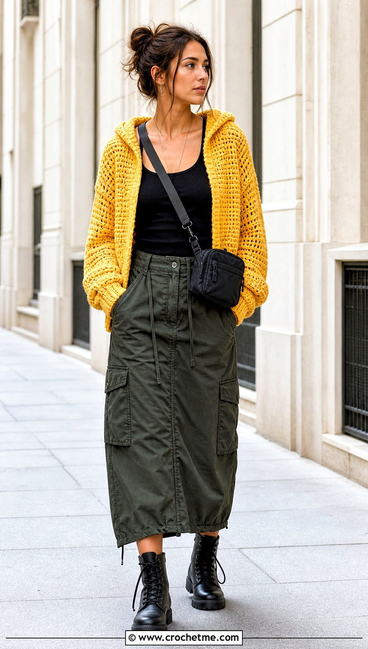 Crochet Hooded Sweater With Utility Midi Skirt - 25 grunge crochet clothes and outfit ideas