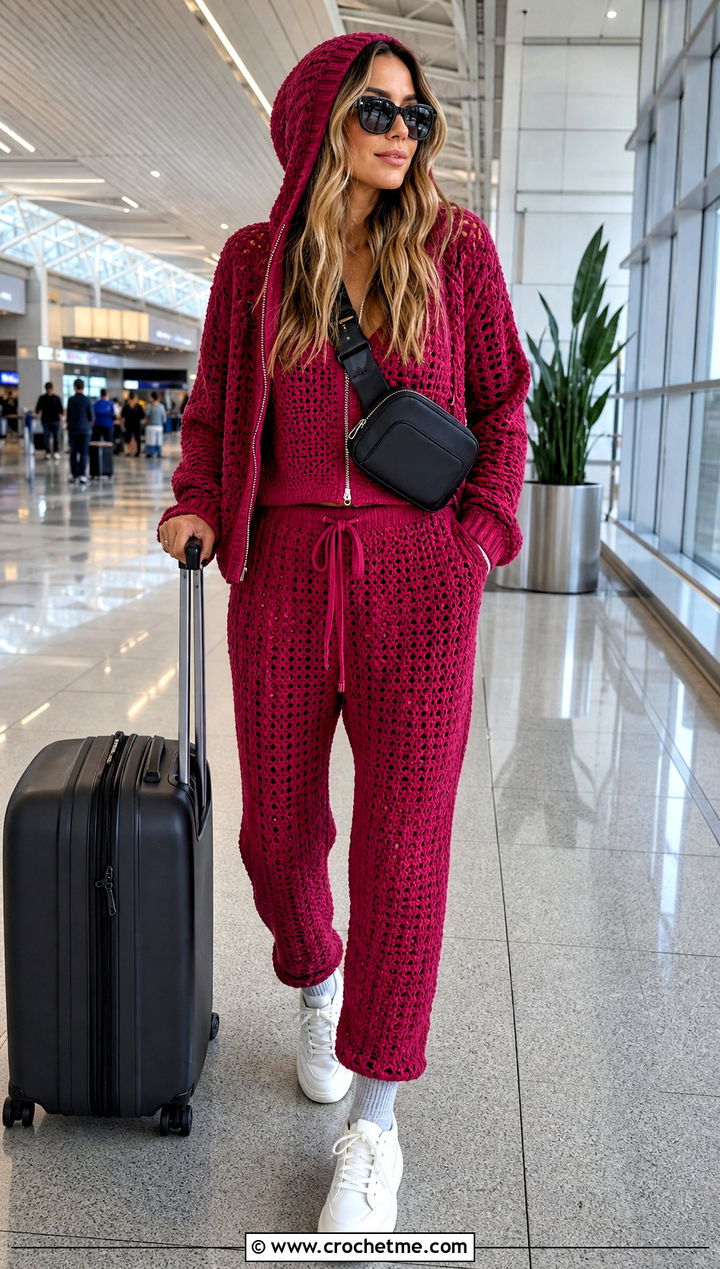 Crochet Hooded Top Joggers And Zip Cardigan Set With Sneakers - 25 crochet three piece outfit ideas