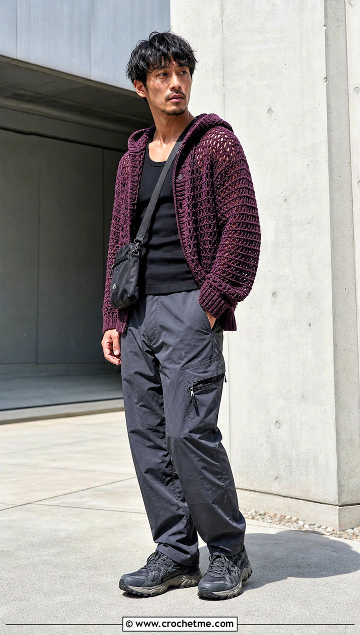 Crochet Hooded Top With Technical Cargos - 15 men's crochet top outfit ideas