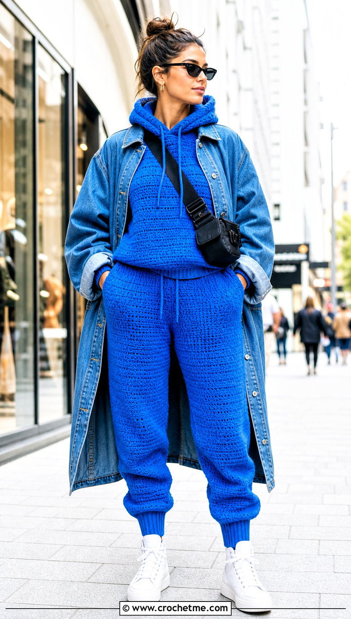 Crochet Hoodie And Jogger Set With Denim Coat - 15 Autumn Crochet Clothing Set outfit ideas
