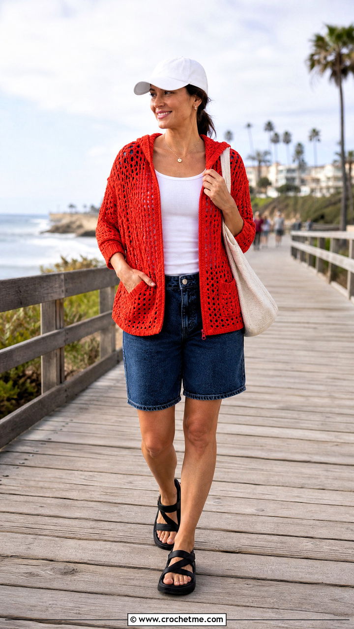 Crochet Hoodie Cover Up With Denim Bermuda Shorts - 35 crochet cover up outfit ideas