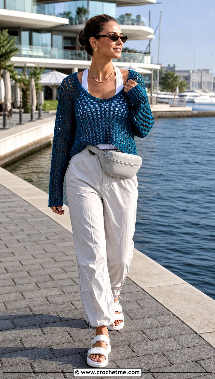 Crochet Hoodie Pullover With Parachute Pants - 25 crochet summer pullover outfit ideas